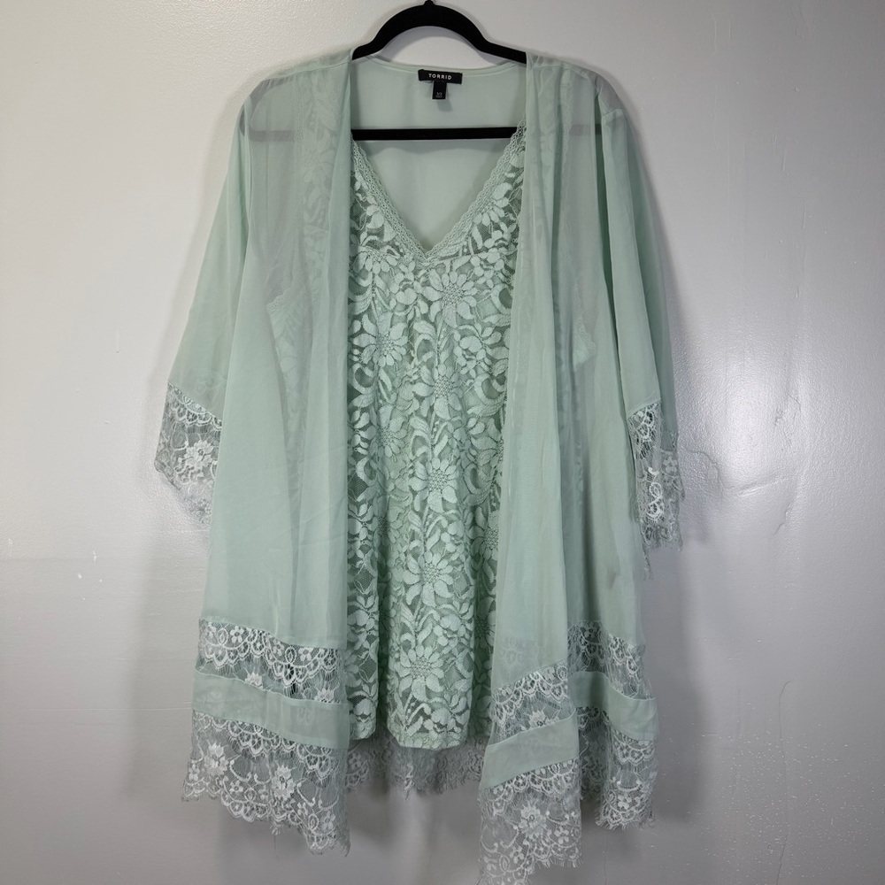 Torrid Mint Green Lace Tank Top and Sheer Chiffon Kimono Set 1/2
